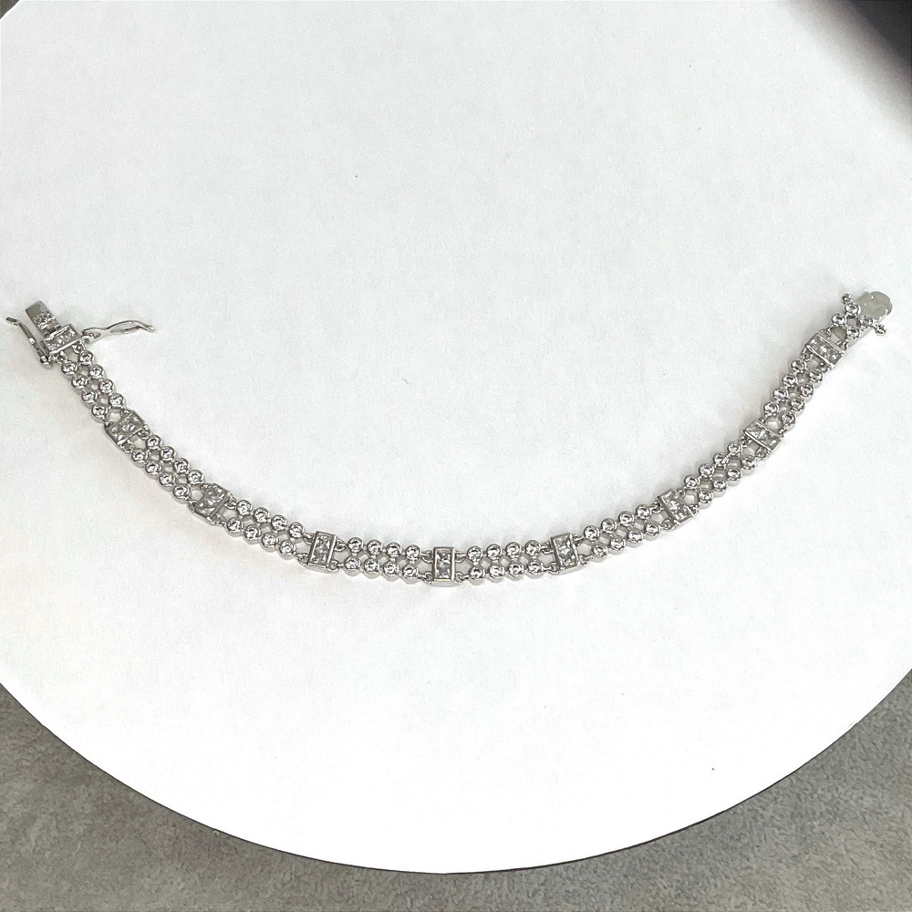 Bracelet Silver Tone Cubic Zirconia Double Row Box Clasp Elegant Style New